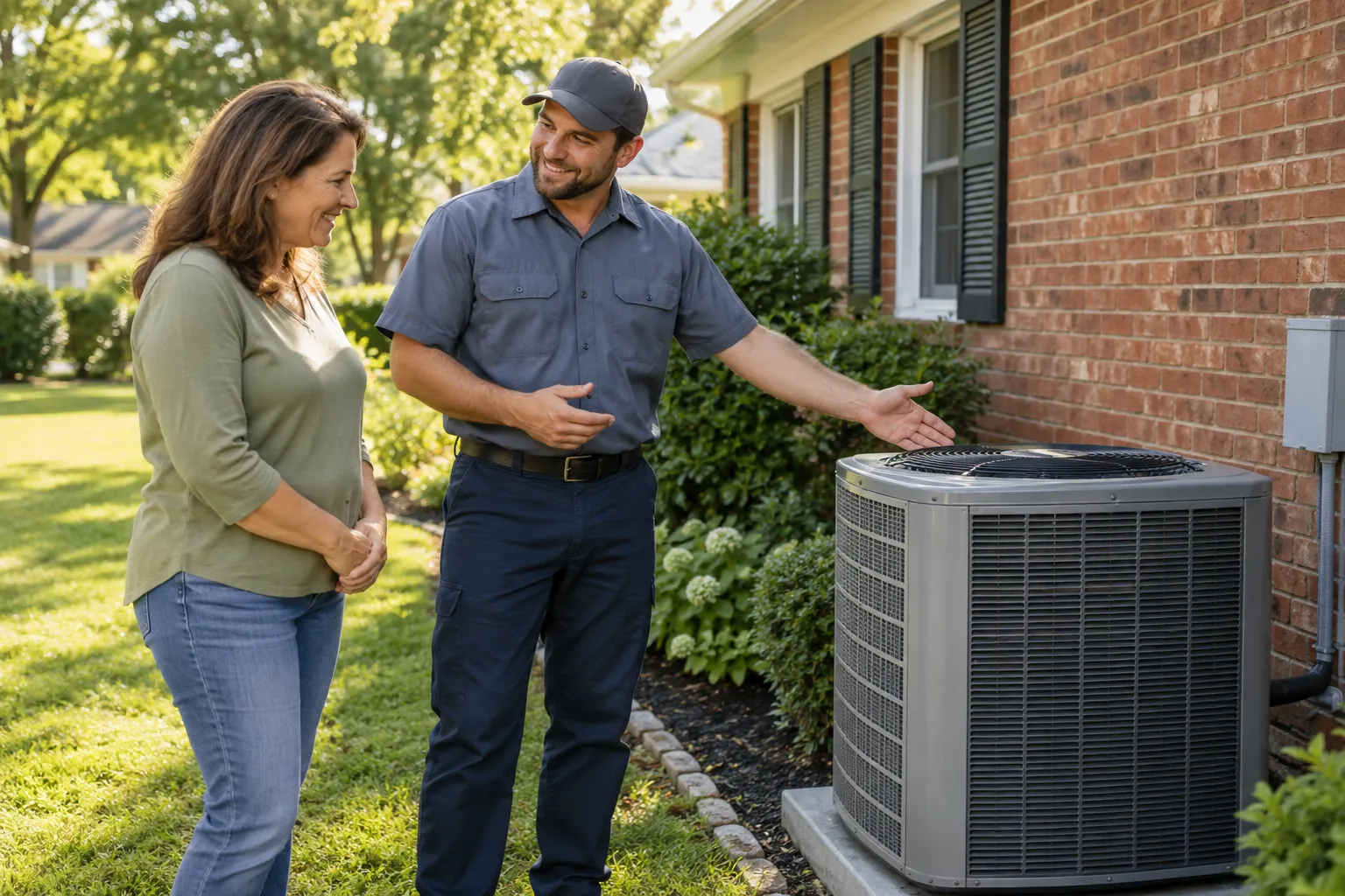 Friendly provider and homeowner reviewing a new outdoor AC unit beside a brick ranch home in the Austin area